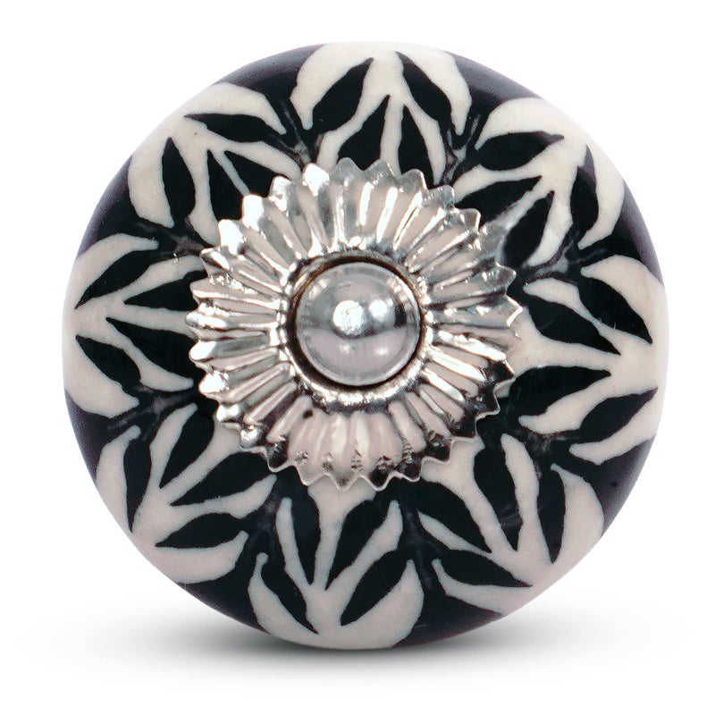 Mela Artisans 12-Pack Ceramic Kitchen Cabinet Knobs - Grey & White Leaf | Decorative Pull Handles for Dresser Drawers | Reversible Metal Backplate | 1.77â€ Diameter - Image 1